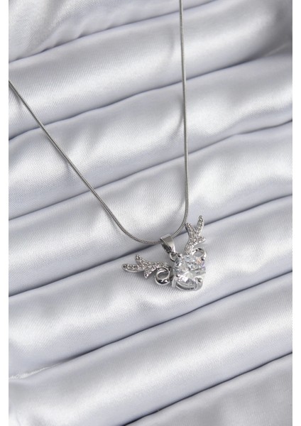 Bfs 316L Çelik Gümüş Renk Zirkon Taşlı Boynuz Model Kadın Kolye