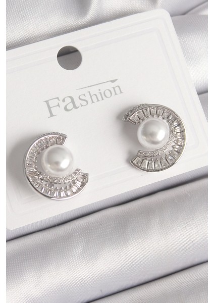 Bfs Pirinç Gümüş Renk Zirkon Taşlı Salyangoz Model Inci Detay Kadın Küpe