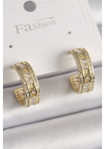 Bfs Pirinç Gold Renk Zirkon Taşlı Işleme Detay Halka Model Kadın Küpe