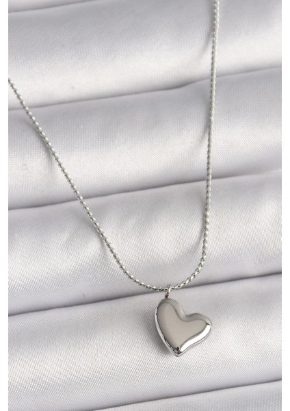 Bfs 316L Çelik Gümüş Renk Zincir Kalp Figür Kadın Kolye