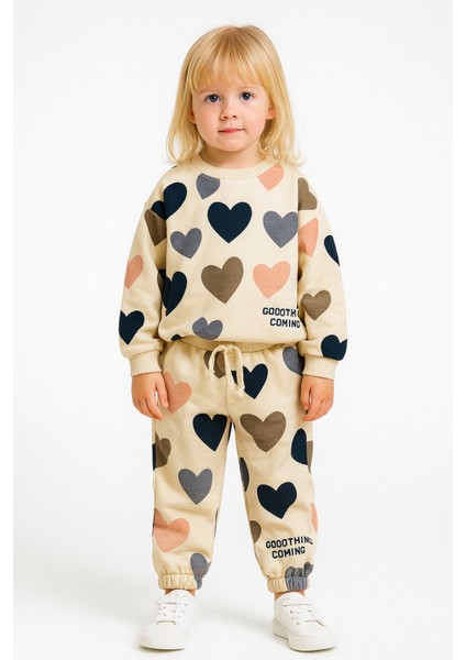 Kız Çocuk Kalpli Alt-Üst Eşofman Takımı Krem
