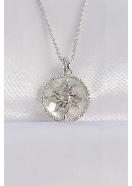 Bfs 316L Çelik Zincir Gümüş Renk Oval Tasarımlı Güneş Kolye