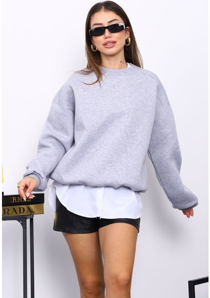 Gri Bisiklert Yaka Üç İplik Sweat