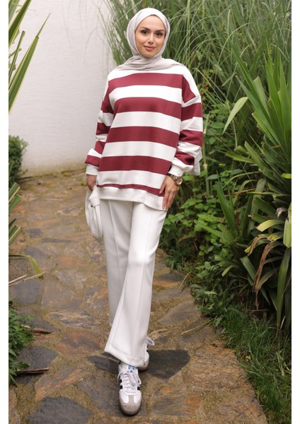 Bordo Bisiklet Yaka Üç İplik Sweat