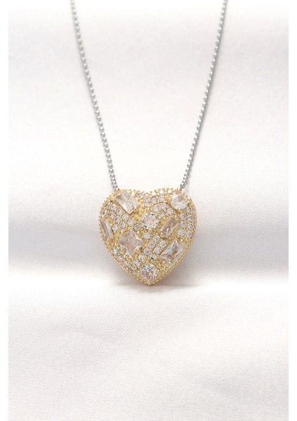 Bfs 316L Çelik Çift Renk Zirkon Taşlı Kalp Kolye