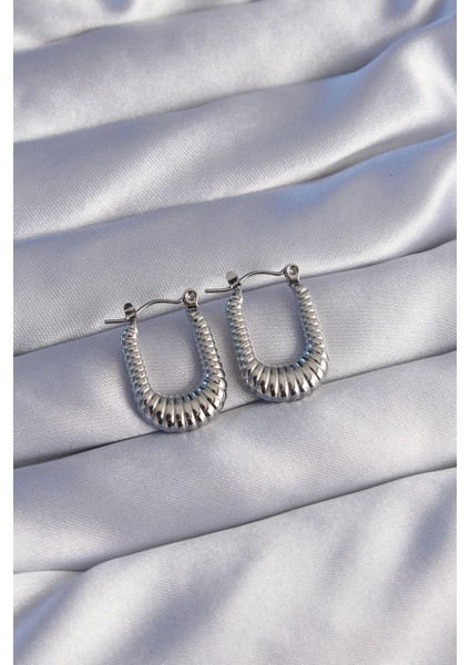 Bfs 316L Çelik Gümüş Renk Dikdörtgen Tasarımlı Tırtıklı Küpe