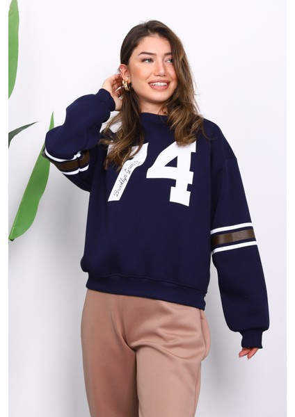 Lacivert Ön Ve Kol Baskılı Üç İplik Sweat