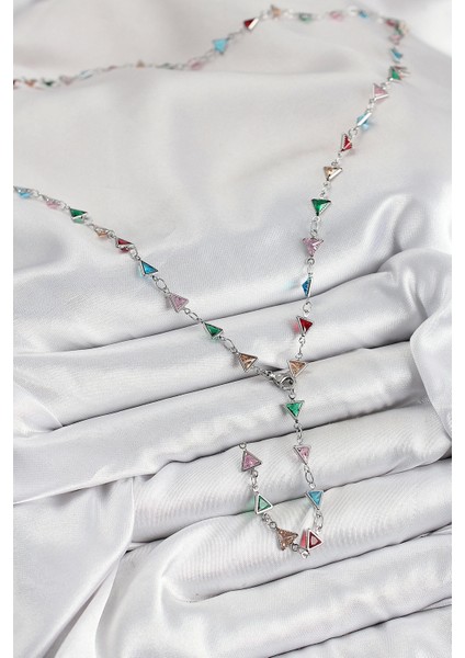 Bfs Pirinç Renkli Zirkon Taşlı Üçgen Model Gümüş Renk Kadın Y Kolye fiyatları