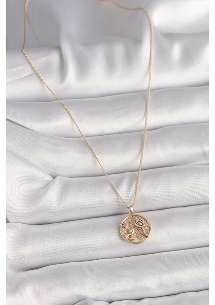 Bfs Pirinç Gold Renk Zirkon Taş Detaylı Gül Işleme Madalyon Model Kadın Kolye fiyatları