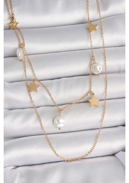 Bfs 316L Çelik Gold Renk 2'li Zincir Sallantı Yıldız Inci Model Kadın Kolye