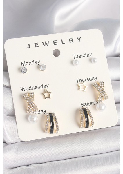 Bfs Pirinç Gold Renk Zirkon Taş Yıldız Detaylı Incili 7'li Set Kadın Küpe Seti