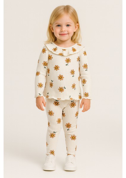Kız Çocuk Triko Çiçekli Alt-Üst Takım Krem