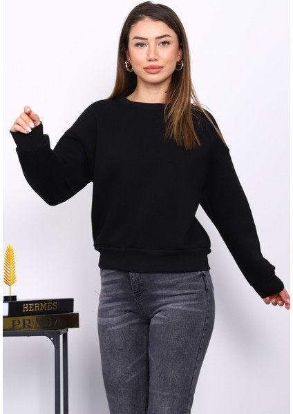 Siyah Bisiklet Yaka Üç İplik Sweat