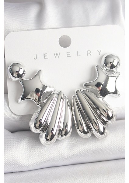 Bfs Gümüş Renk Yıldız Deniz Kabuğu Model Ccb Plastik Kadın Küpe Seti