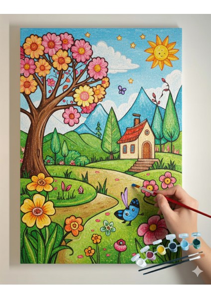25 x 35 cm Resimli Tuval Çocuk Boyama Seti Ev ve Bahçe Renk Akrilik Boya ve 2 Fırça Adet Fırça