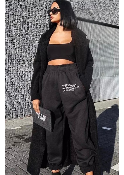 Büyük Beden Özel Tasarım Feeling Baskılı 3 Iplik %100 Pamuk Yarı Şalvar Bol Kışlık Trend Kadın Eşofman Altı