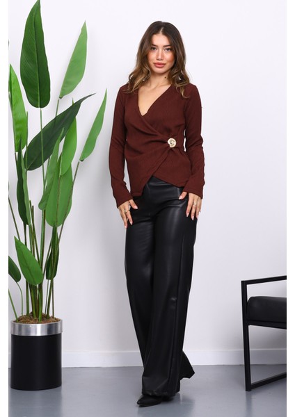 Bordo Toka Detaylı Kruvaze Yaka Fitilli Bluz fiyatları
