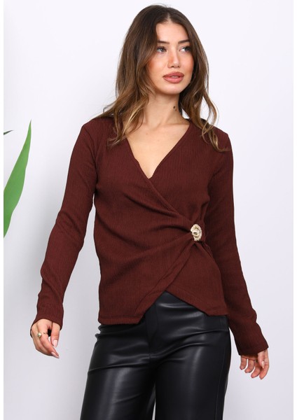 Bordo Toka Detaylı Kruvaze Yaka Fitilli Bluz modelleri