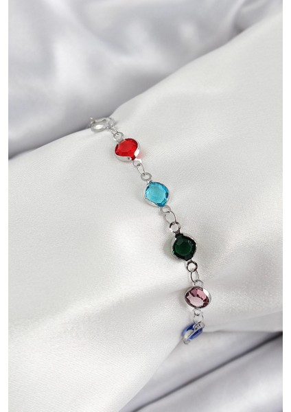 Bfs Pirinç Gümüş Renk Karışık Renk Zirkon Taşlı Kadın Bileklik