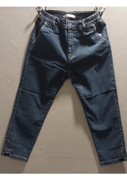Kadın Beli Lastikli Paça Taş Detaylı Bilek Boy Full Likralı Üst Düzey Büyük Beden Jeans Pantolon