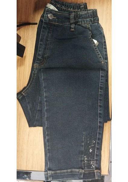 Kadın Beli Lastikli Paça Taş Detaylı Bilek Boy Full Likralı Üst Düzey Büyük Beden Jeans Pantolon fırsatları