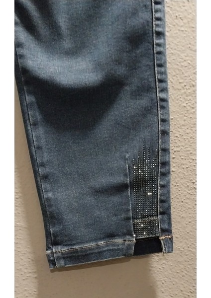 Kadın Beli Lastikli Paça Taş Detaylı Bilek Boy Full Likralı Üst Düzey Büyük Beden Jeans Pantolon indirimleri