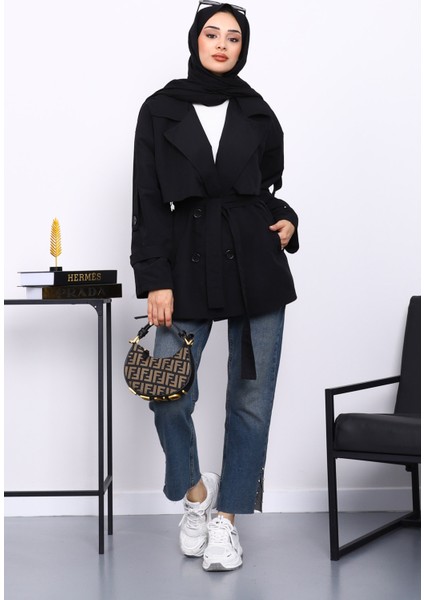 Siyah Kravuze Yaka Düğmeli Kısa Trençkot fiyatları