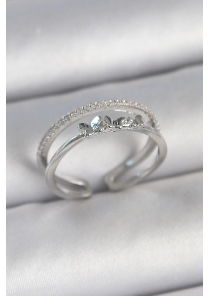 Bfs Pirinç Gümüş Renk 2'li Zirkon Taş Detaylı Kelebek Figür Ayarlanabilir Model Kadın Yüzü