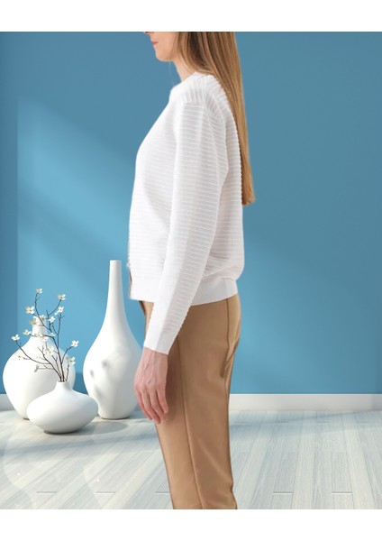 xint Kadın Beyaz Oversize Gömlek Yaka Düğme Kapamalı Kendinden Dokulu Hırka modelleri