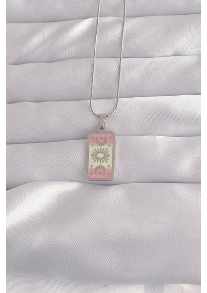 Bfs 316L Çelik Gümüş Renk Pembe Mineli Ay Figür Tarot Kolye