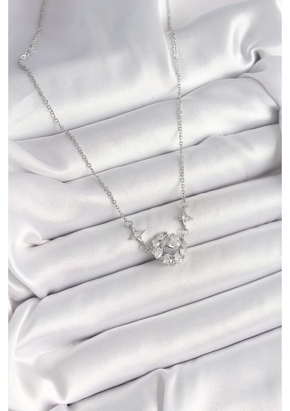 Bfs 316L Çelik Gümüş Renk Zirkon Taşlı Hilal Kalp Model Kadın Kolye fiyatları