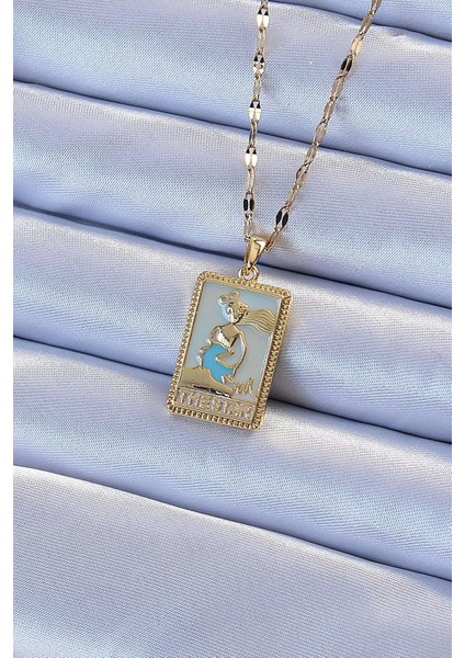 Bfs 316L Çelik Zincir Altın Renk Mavi Mineli Tarot Kolye