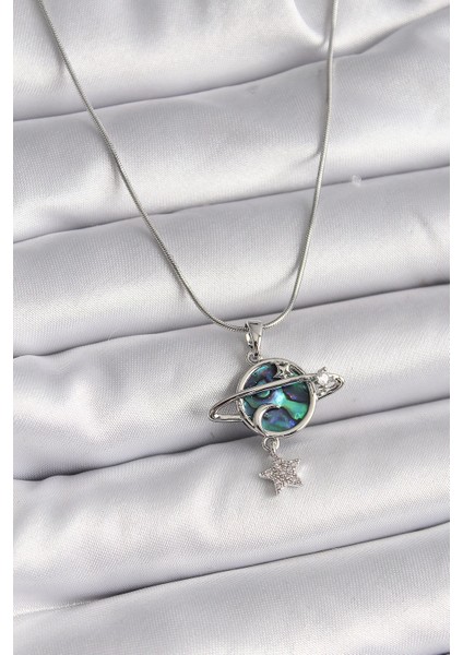 Bfs 316L Çelik Gümüş Renk Zincir Zirkon Taşlı Gezegen Model Kadın Kolye