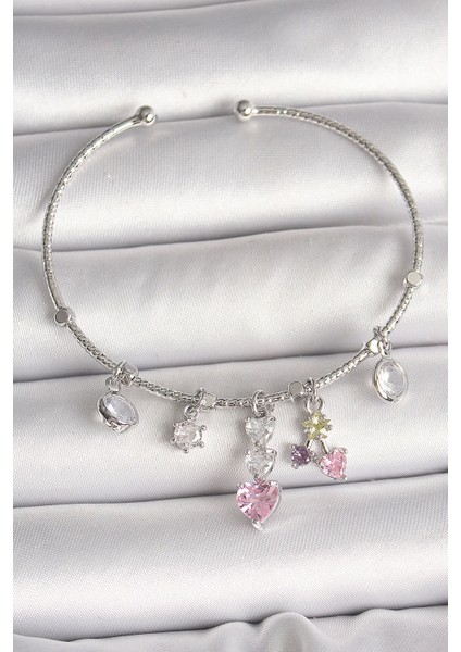 Bfs Pirinç Gümüş Renk Sallantı Zirkon Taşlı Kalp Figür Charm Kadın Bileklik