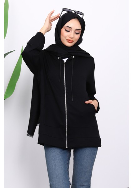 Siyah Kapşonlu Fermuarlı Modal Sweat Hırka modelleri
