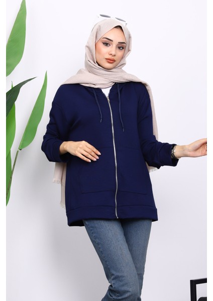 Lacivert Kapşonlu Fermuarlı Modal Sweat Hırka