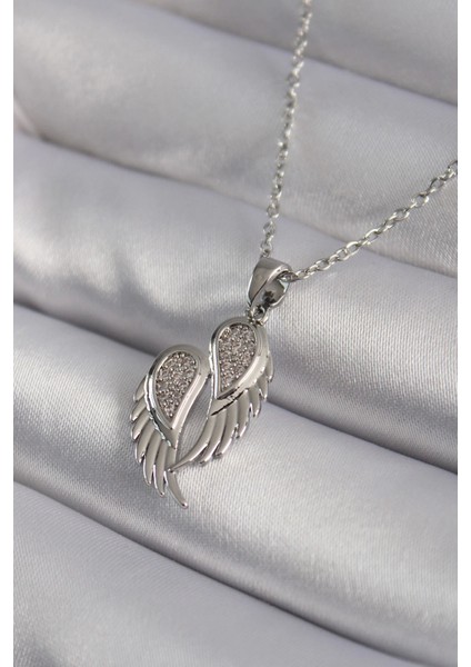 Bfs 316L Çelik Gümüş Renk Zirkon Taşlı Kanat Model Kadın Kolye
