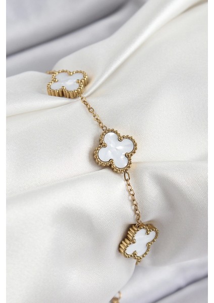 Bfs 316L Çelik Beyaz Sedef Yonca Model Gold Renk Kadın Bileklik