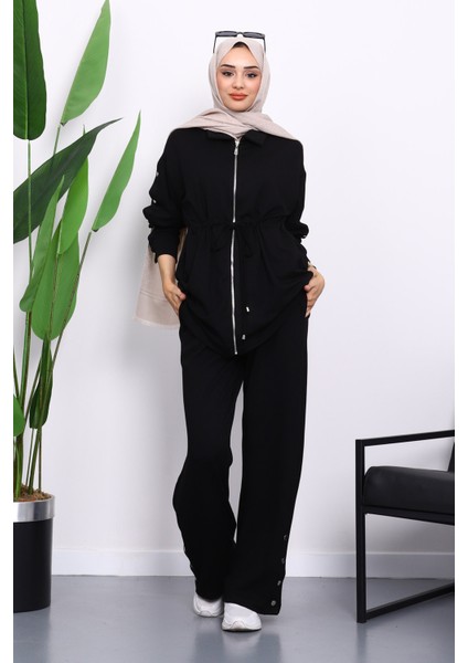 Siyah Çıtçıt Detaylı Tunik Pantolonlu Modal Takım