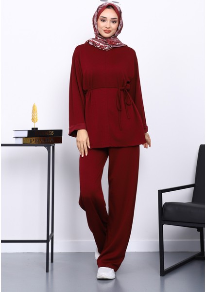 Bordo Belden Bağlamalı Pantolon Cepli Modal Takım