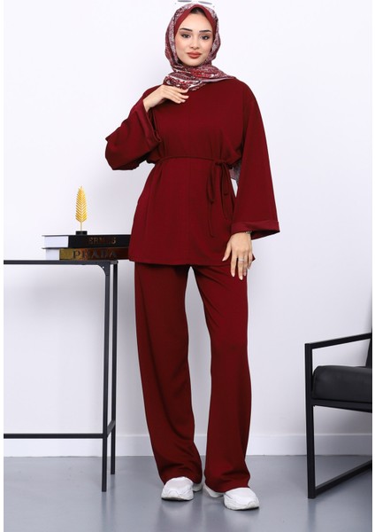 Bordo Belden Bağlamalı Pantolon Cepli Modal Takım fiyatları