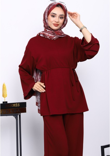 Bordo Belden Bağlamalı Pantolon Cepli Modal Takım modelleri