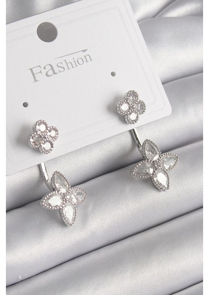 Bfs Pirinç Gümüş Renk Zirkon Taşlı Yonca Model Kadın Küpe