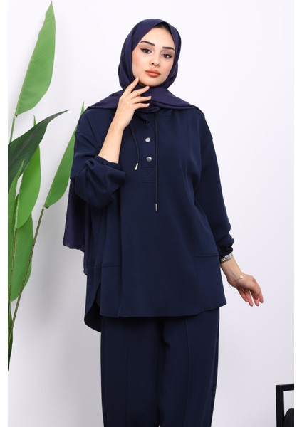 Lacivert Yaka Çıtçıtlı Tunik Pantolonlu Takım modelleri