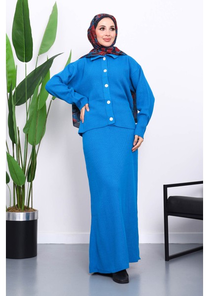 Mavi Gömlek Yaka Düğmeli Triko Etekli Takım fiyatları