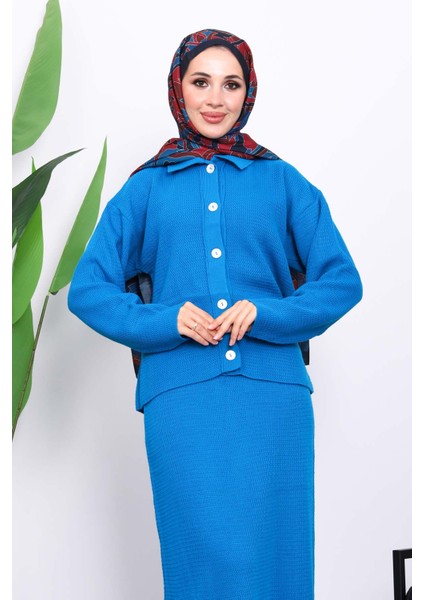 Mavi Gömlek Yaka Düğmeli Triko Etekli Takım modelleri