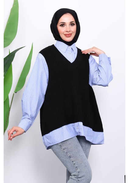 Siyah Triko Garnili Gömlek