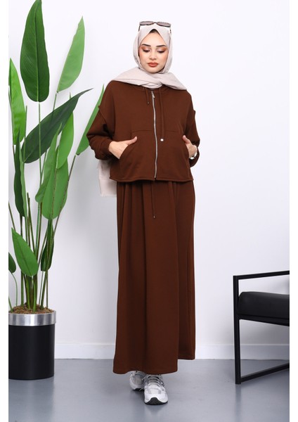 Kahverengi Üç İplik Sweat Hırka Elbise Kombin Takım