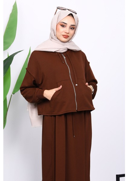 Kahverengi Üç İplik Sweat Hırka Elbise Kombin Takım modelleri