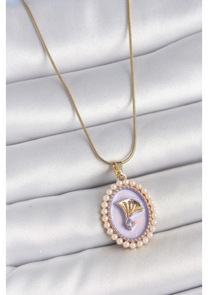 Bfs 316L Çelik Gold Renk Zincir Mor Mineli Incili Zirkon Taşlı Çiçek Işlemeli Portre Model K
